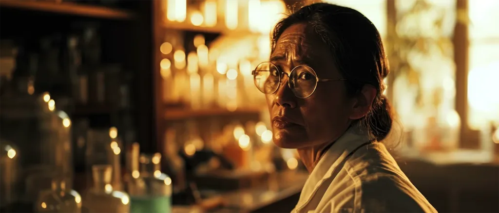 lo-fi photo of Filipino chemist maria orosa in her laboratory --ar 16:9 --style raw