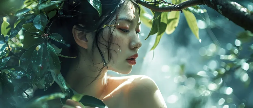 fantasy photo, asian lady holding leaves, leaves on top of her, phantom high speed camera --ar 16:9 --style raw