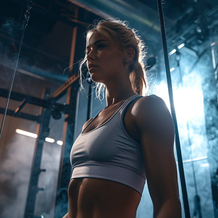 A cinematic active photograph of a blond hair girl, cinematic shot at the gym full of smoke, wearing a white crop tank 