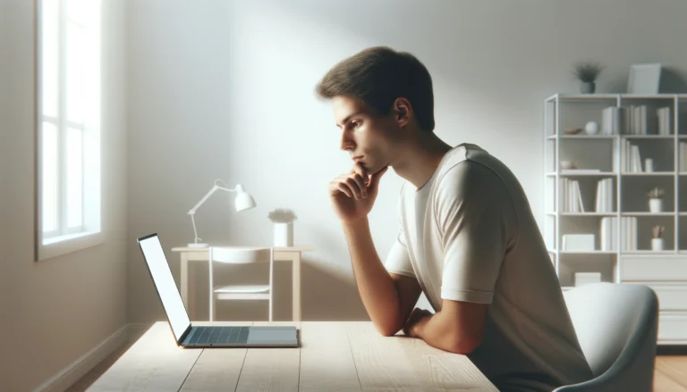 young adult at a desk contemplating before posting on social media