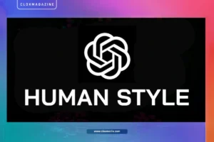 Black background displaying the OpenAI swirl logo in white with the bold text ‘HUMAN STYLE,’ representing the blend of AI innovation and human creativity, featured on CloxMagazine.