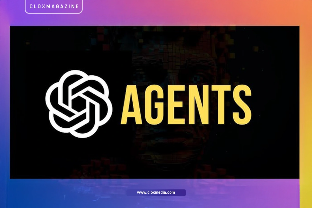 openai New tools for building agents. AI Agents banner featuring OpenAI logo and bold yellow 'AGENTS' text on a dark, futuristic background with a pixelated human face. Gradient border in blue, purple, and orange adds a modern tech aesthetic.
