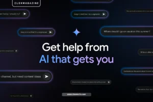 Dark-themed interface displaying conversational prompts such as vacation planning and dietary preferences, featuring the headline ‘Get help from AI that gets you’ to highlight advanced, personalized artificial intelligence solutions on CloxMagazine