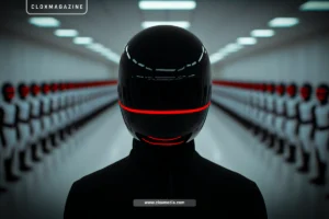 a futuristic figure wearing a glossy black helmet with a glowing red stripe stands in a sterile hallway lined with uniformed individuals, symbolizing high-tech security, artificial intelligence, and advanced robotics, as featured on cloxmagazine