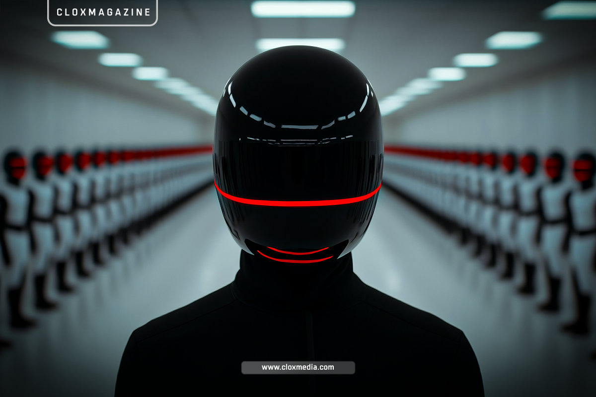 a futuristic figure wearing a glossy black helmet with a glowing red stripe stands in a sterile hallway lined with uniformed individuals, symbolizing high-tech security, artificial intelligence, and advanced robotics, as featured on cloxmagazine