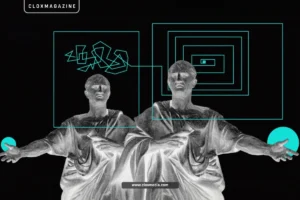two classical statues in togas with futuristic geometric overlays on a black background, symbolizing the intersection of ancient wisdom and cutting-edge technology as featured on cloxmagazine