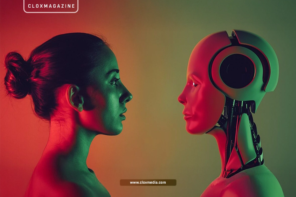 a robot in front of a human lady