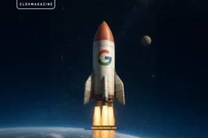 a rocket with google logo on it in space, google ai cloxmagazine
