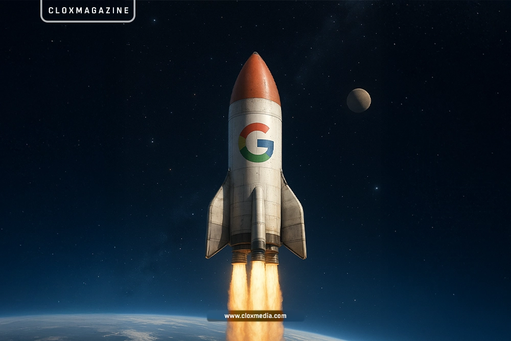 a rocket with google logo on it in space, google ai cloxmagazine